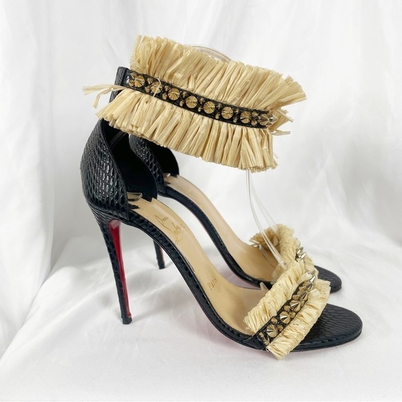 Christian Louboutin Poupedou Raffia Open Toe Leather Stiletto Heels Black EU 36 - Picture 2 of 12